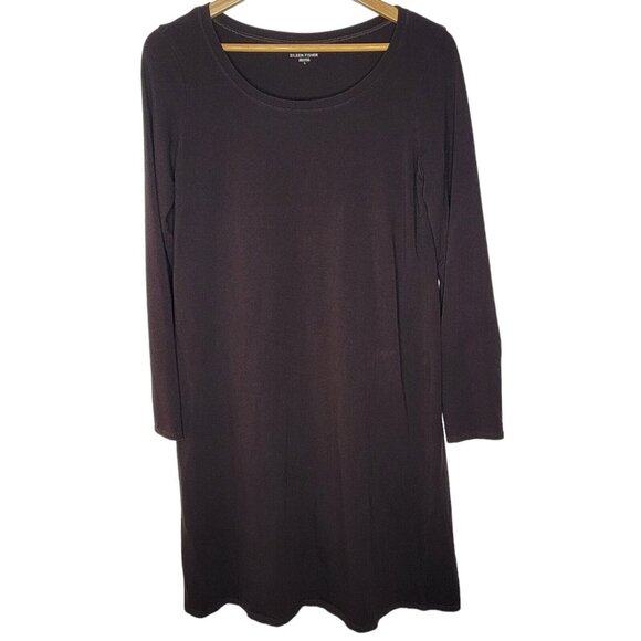 Eileen Fisher Small Dark Red Brown Long Sleeve Stretch Organic Cotton Midi Dress - Picture 1 of 5